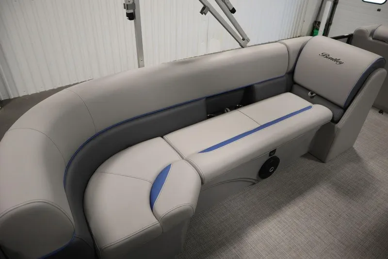 Slide: The Image of 2025 Bentley Pontoons 223 Bolt Tri-Toon interior seating with gray and blue accents. - 28