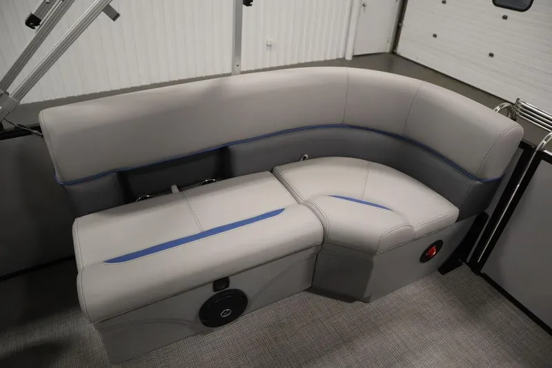 Slide: The Image of 2025 Bentley Pontoons 223 Bolt Tri-Toon interior seating with sleek gray upholstery and blue accents. - 31