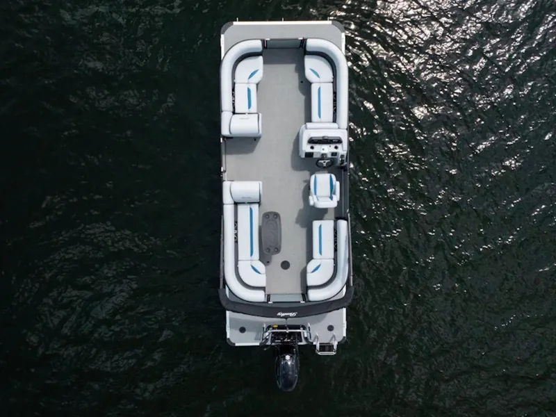 Slide: The Image of 2025 Bentley Pontoons 223 Bolt Tri-Toon on water, aerial view. - 36