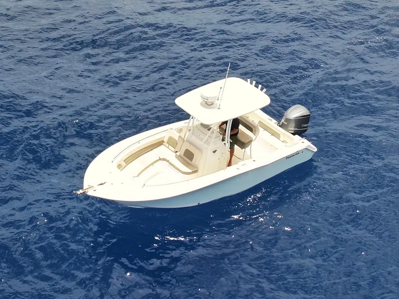 The Image of 2014 Tidewater 230 LXF boat on open blue water, aerial view. - 1