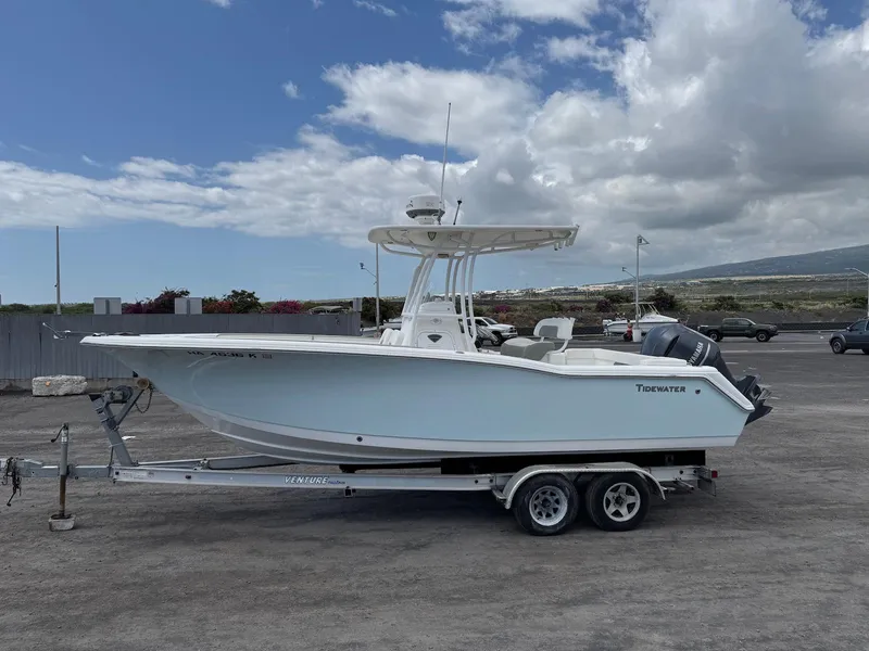 Slide: The Image of 2014 Tidewater 230 LXF boat on trailer under cloudy sky. - 4