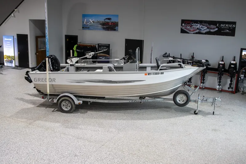 Slide: The Image of 2018 Gregor Eagle 20 boat on trailer in showroom, side view. - 5