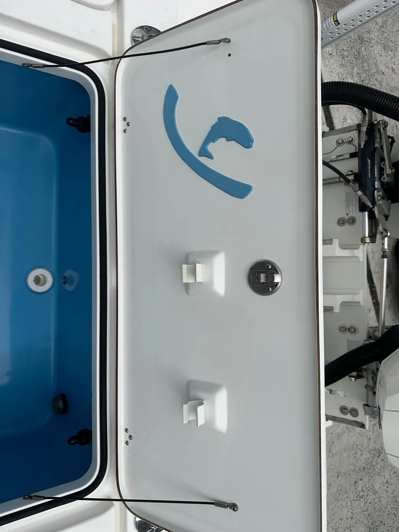 Slide: The Image of Open boat compartment with blue interior and dolphin logo, Young 27 model, 2019. - 36