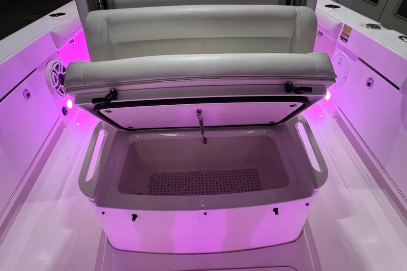 Slide: The Image of 2021 Everglades 253 Center Console boat interior with illuminated storage compartment. - 62