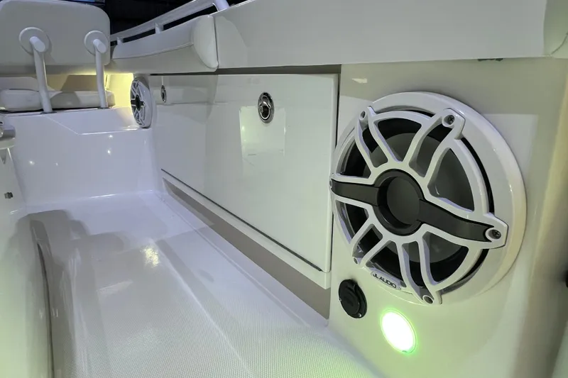 Slide: The Image of 2021 Everglades 253 Center Console boat interior with JL Audio speaker and storage compartments. - 63