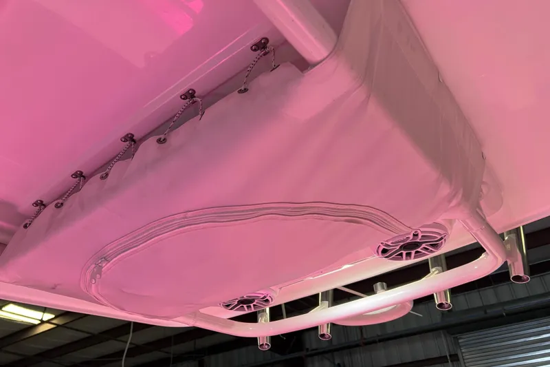 Slide: The Image of 2021 Everglades 253 Center Console boat with pink lighting, featuring speakers and rod holders. - 77