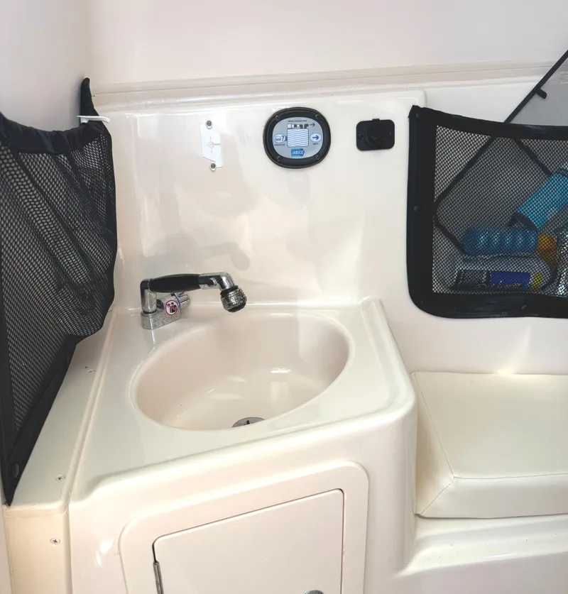 Slide: The Image of 2018 Grady-White Freedom 307 boat interior with sink and storage compartments. - 32