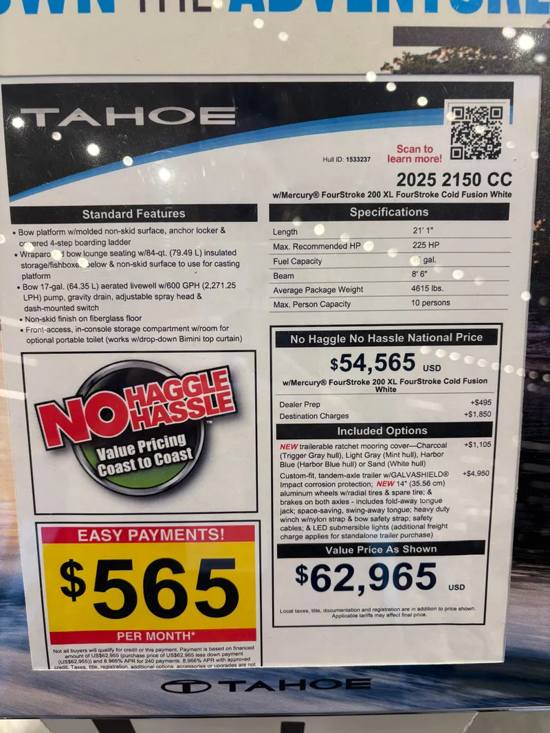 Slide: The Image of 2025 Tahoe 2150 CC boat pricing and specifications display with no-haggle pricing and easy payment options. - 5