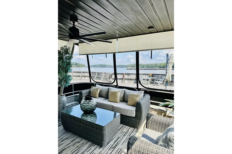 Slide: The Image of Houseboat on a serene lake, surrounded by lush green trees, Sumerset 66, 1992 model. - 1