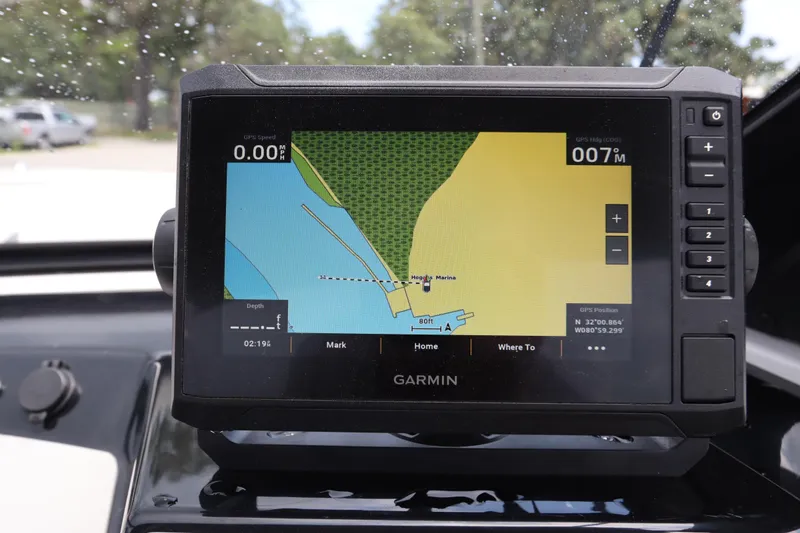 Slide: The Image of Garmin GPS display on 2024 Yamaha Boats SX220, showing navigation map and coordinates. - 18