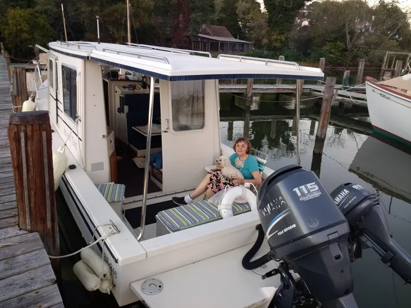 Slide: The Image of 2005 Rosborough RF-246 Custom Wheelhouse docked, with person and dog onboard. - 12
