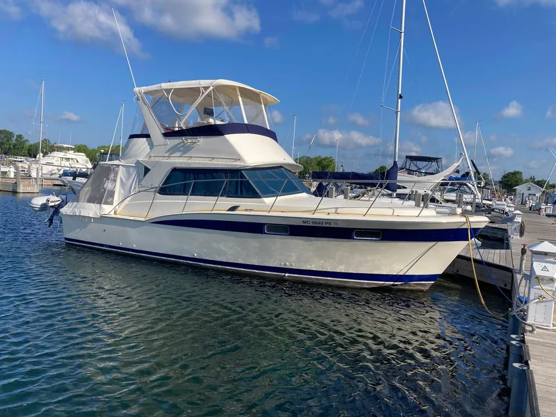 The Image of 1979 Chris-Craft 360 Commander yacht docked in sunny marina. - 0