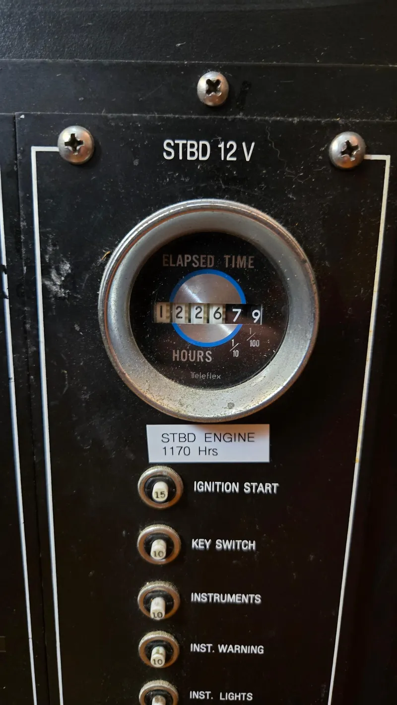 Slide: The Image of 1979 Chris-Craft 360 Commander starboard panel with hour meter. - 23