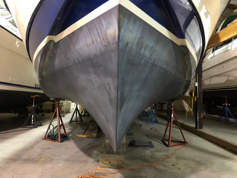 Slide: The Image of 1979 Chris-Craft 360 Commander in dry dock, bow view. - 27