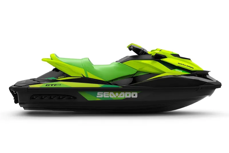 Slide: The Image of Manufacturer Provided Image: 2019 Sea-Doo GTI SE 155 jet ski, lime green and black, side view. - 2