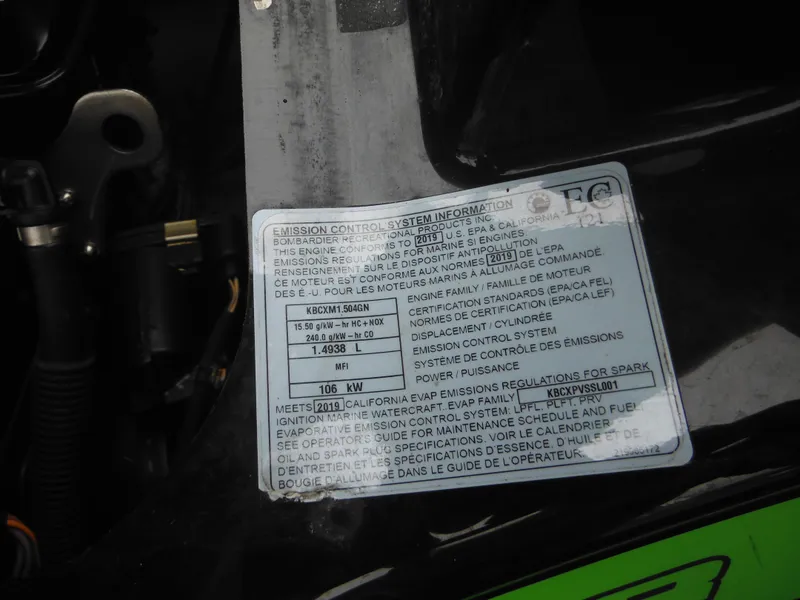 Slide: The Image of 2019 Sea-Doo GTI SE 155 emission control label, detailing engine specifications and compliance. - 28
