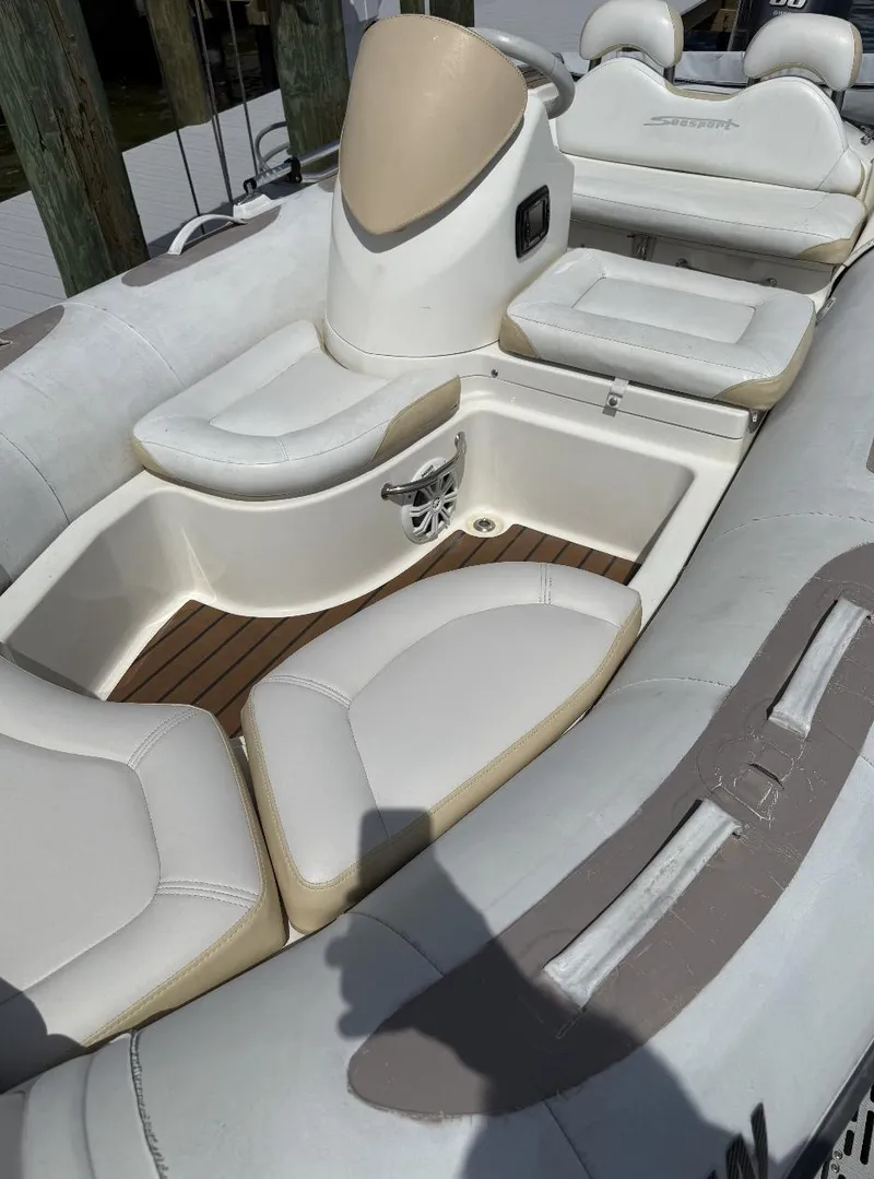 Slide: The Image of 2018 Zodiac Avon boat interior with white seating and wood flooring. - 7