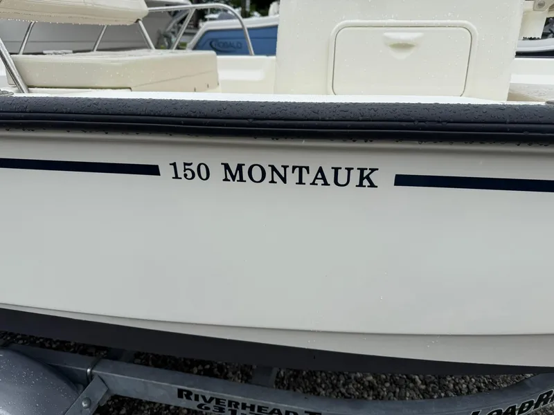 Slide: The Image of 2019 Boston Whaler 150 Montauk boat side view with model name visible. - 3