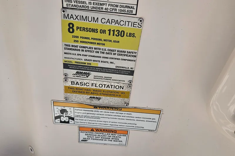 Slide: The Image of 2012 Grady-White Freedom 205 capacity and safety labels, detailing maximum load and flotation standards. - 29