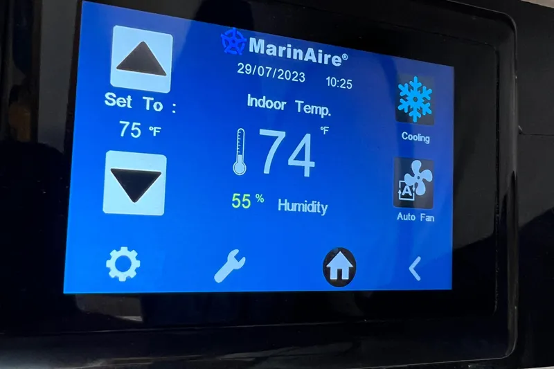 Slide: The Image of Touchscreen displaying MarinAire settings: temperature 74°F, humidity 55%, cooling mode active. - 17