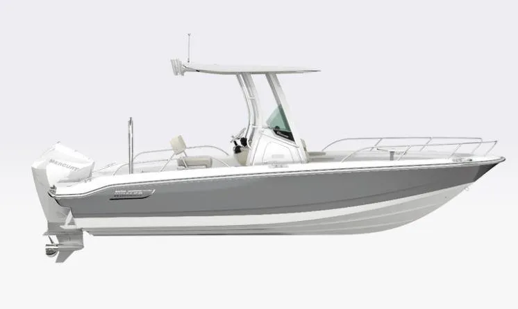 Slide: The Image of 2026 Boston Whaler 220 Dauntless boat, side view, sleek design, gray and white color scheme. - 15