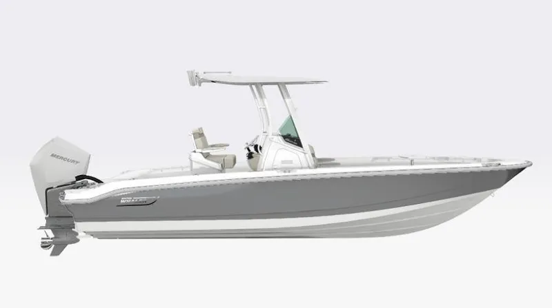 Slide: The Image of 2026 Boston Whaler 250 Dauntless boat, side view, gray and white design, with Mercury outboard motor. - 15
