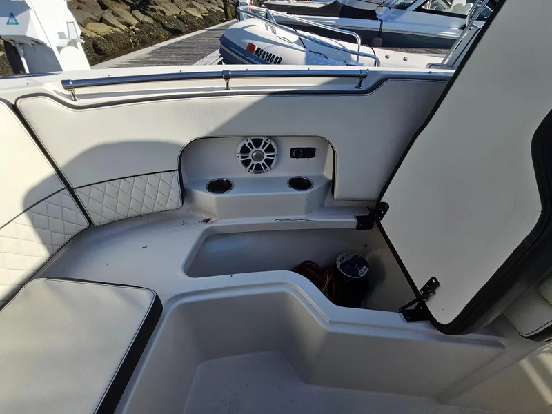 Slide: The Image of 2020 Stingray 269 DC boat interior with storage compartment and speaker. - 6