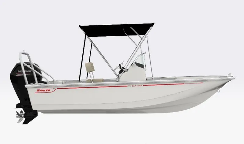The Image of 2026 Boston Whaler 170 Montauk boat with canopy and Mercury outboard motor. - 1