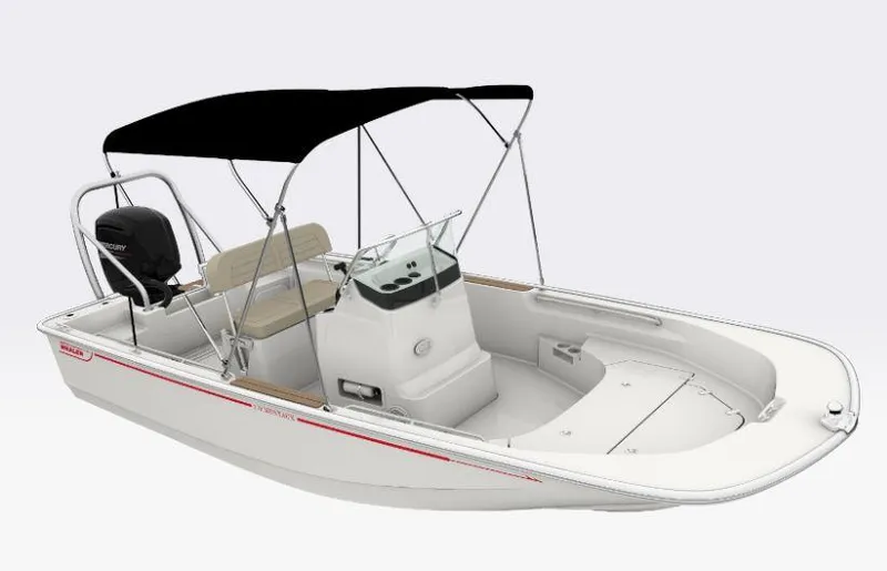 Slide: The Image of 2026 Boston Whaler 170 Montauk boat with canopy and outboard motor, side view. - 2