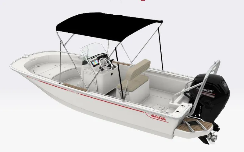 Slide: The Image of 2026 Boston Whaler 170 Montauk boat with canopy and Mercury outboard motor. - 3