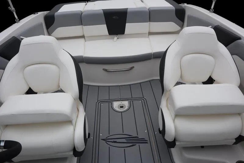Slide: The Image of 2024 Chaparral 19 SSi OB boat interior with white and gray seating. - 11