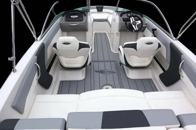 Slide: The Image of 2024 Chaparral 19 SSi OB boat interior with modern seating and sleek design. - 5