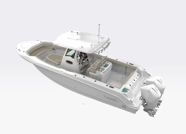 Slide: The Image of 2026 Boston Whaler 280 Outrage boat with dual engines, sleek design, and spacious deck. - 3
