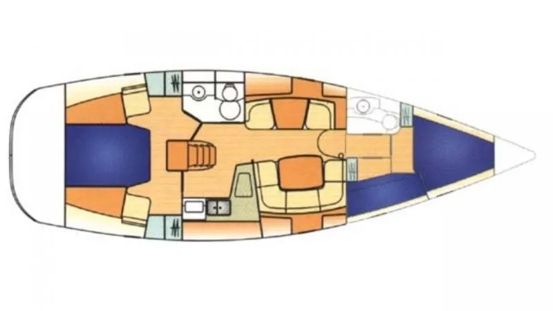 Slide: The Image of Floor plan of a 2002 Jeanneau 43DS sailboat, showing interior layout and cabin arrangement. - 18