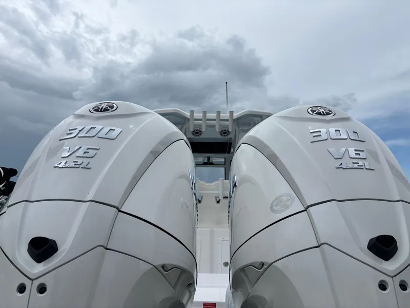 Slide: The Image of Twin 300 V6 4.2L engines on a 2026 Tidewater 2700 Carolina Bay boat. - 6
