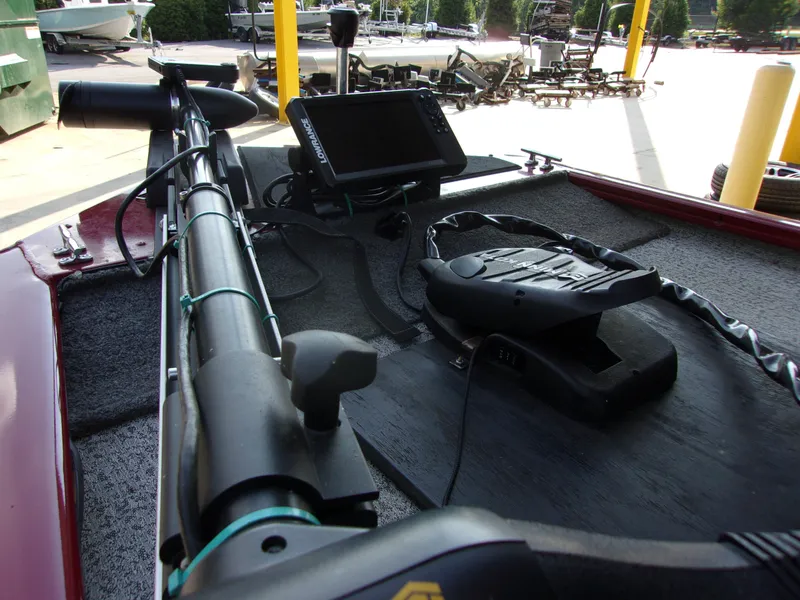 Slide: The Image of 2020 Bass Tracker 160 PRO boat deck with trolling motor and fish finder. - 6