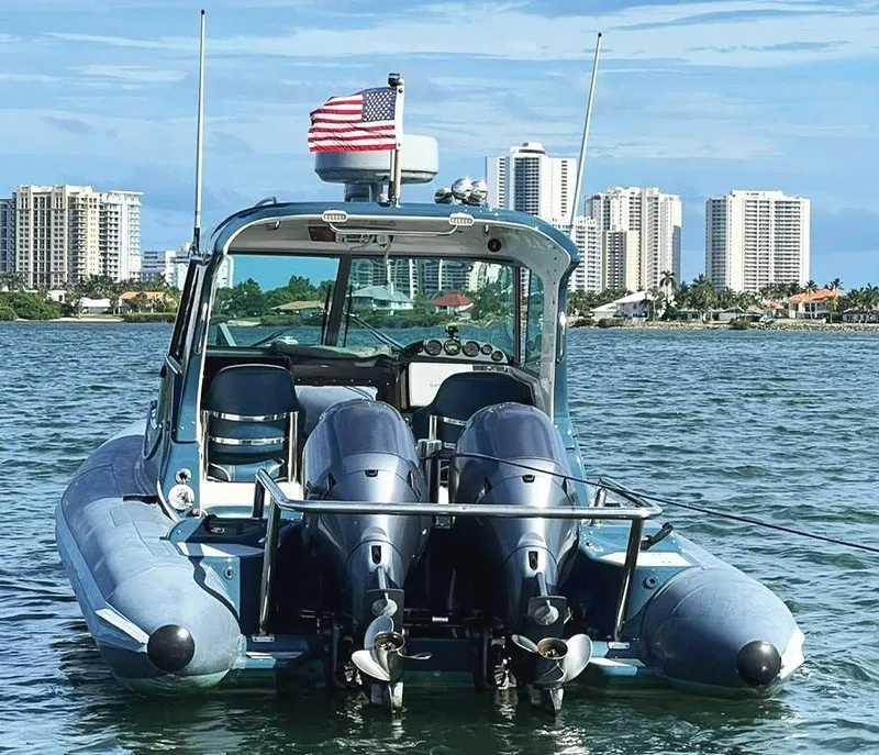 Slide: The Image of Protector Targa 28 boat on water, city skyline in background, American flag flying. - 2