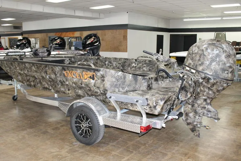 Slide: The Image of 2026 Excel 1860 Viper F4 boat with camouflage design and LED light bar. - 6