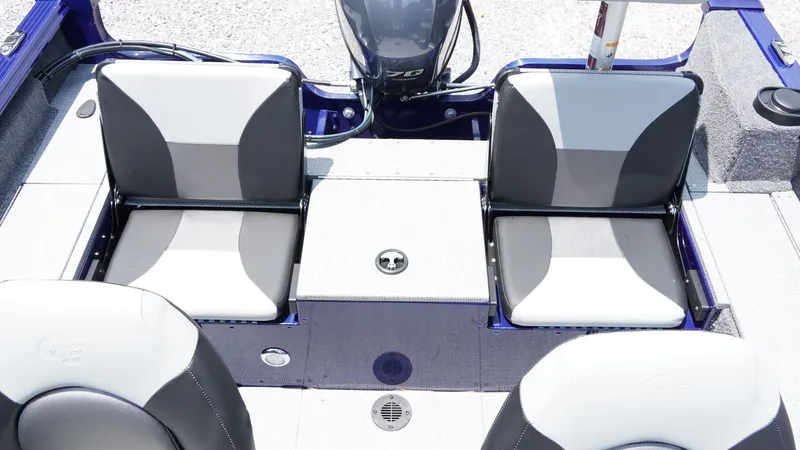 Slide: The Image of 2025 G3 Angler V164 C boat interior with dual seats and motor. - 23