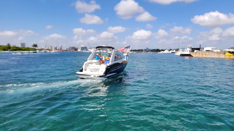 Slide: The Image of 2019 Monterey 295 Sport Yacht cruising on a sunny day with American flag. - 22