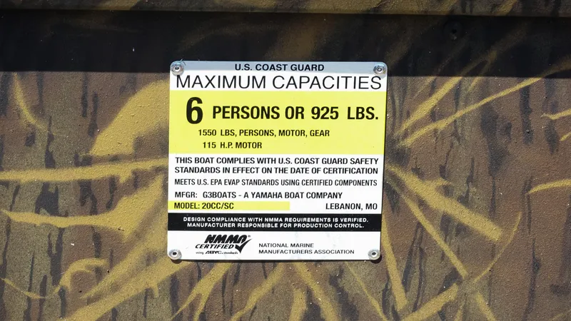 Slide: The Image of Capacity label on G3 Gator Tough 20 CC boat, 2025 model, showing maximum load and compliance details. - 19