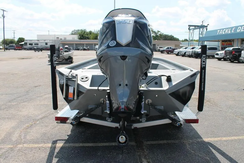 Slide: The Image of 2026 Excel Bay Pro Elite 220 boat on trailer, rear view in parking lot. - 4