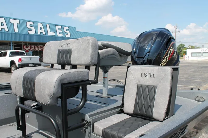 Slide: The Image of 2026 Excel Bay Pro Elite 220 boat seats at dealership, featuring sleek design and modern upholstery. - 7