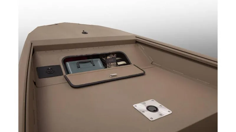 Slide: The Image of 2025 G3 16 FL boat storage compartment with open hatch, showcasing interior storage space. - 2