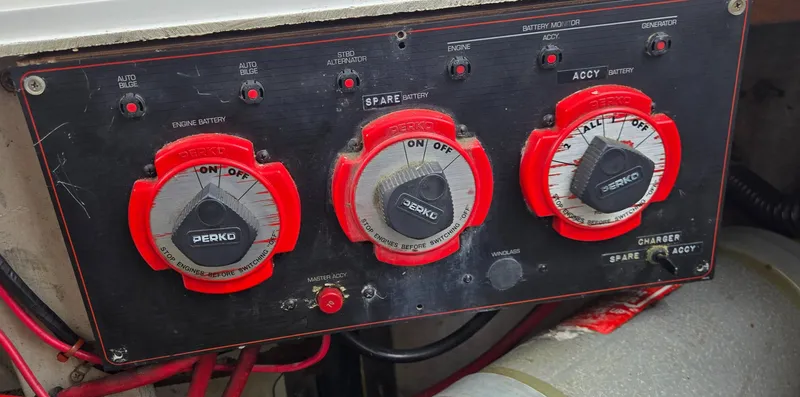 Slide: The Image of Control panel of a 1991 Bayliner 3288 Motoryacht with Perko battery switches. - 42