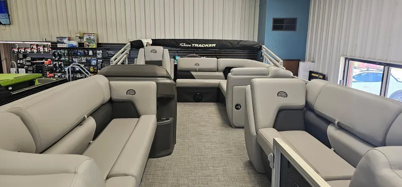 Slide: The Image of 2026 Sun Tracker PB-20 pontoon boat interior with spacious seating and modern design. - 3