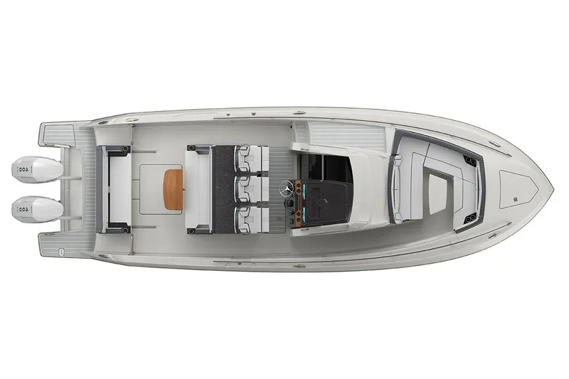 Slide: The Image of 2026 Tiara Yachts 34 LS, sleek design with reflective logo, docked under a cloudy sky. - 19