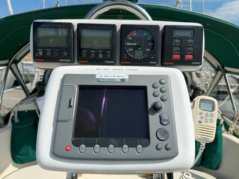 Slide: The Image of Sailboat cockpit with navigation instruments, Pacific Seacraft Crealock 34, 1993 model. - 12