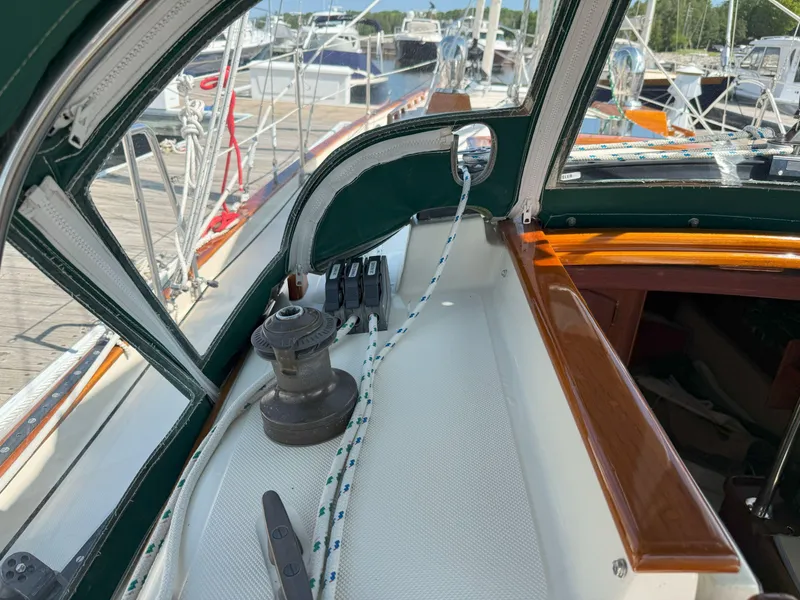 Slide: The Image of Cockpit view of 1993 Pacific Seacraft Crealock 34 sailboat with winch and ropes. - 22