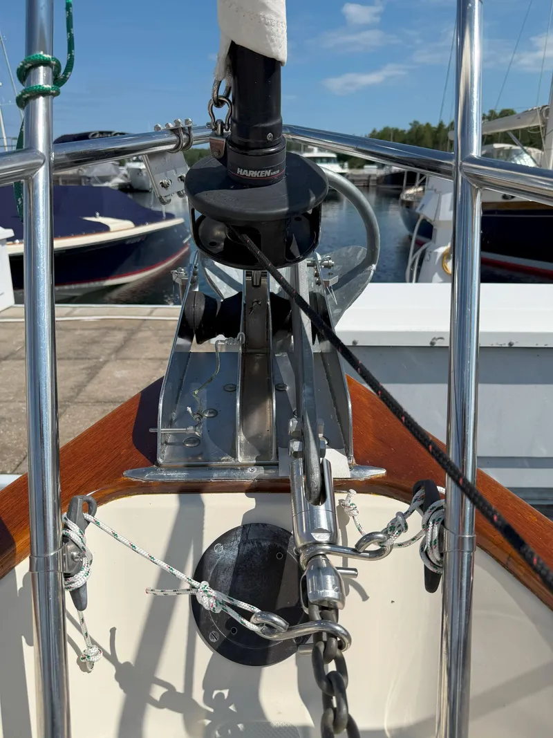 Slide: The Image of Bow of 1993 Pacific Seacraft Crealock 34 sailboat with anchor and rigging details. - 33
